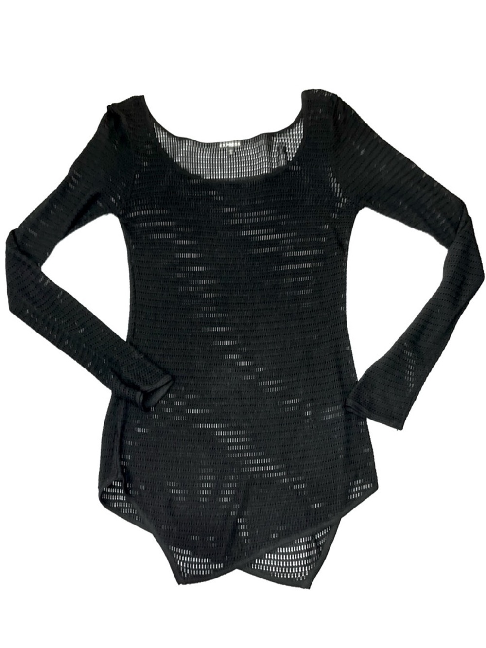 Y2K Express Asymmetrical Point Hollow Out Open Knit Long Sleeve Top Black S